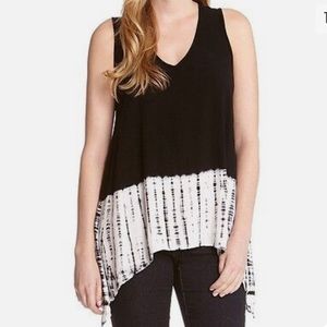 Karen Kane Black/White Tie Dye V-Neck Handkerchief Hem Tank Top